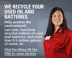 We Recycle Your Used Oil and Batteries - Help protect the environment! Last year, AutoZone recycled millions of used lead batteries, and more than 9.5 million gallons of motor oil. - Find Out About All Our FREE In-store Services