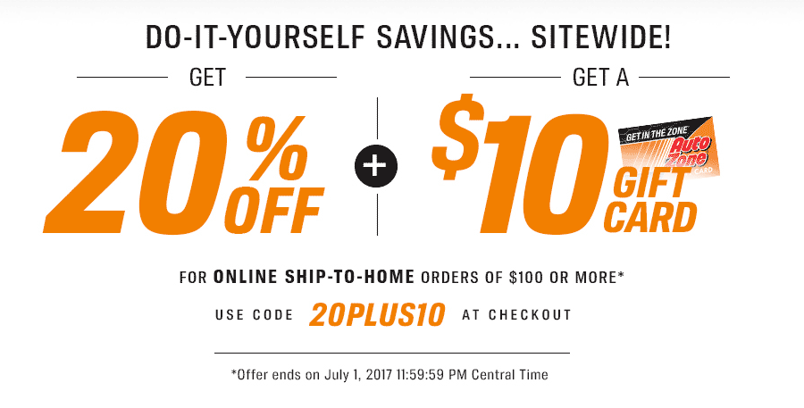 20% OFF PLUS GET A $10 GIFT CARD FOR ONLINE SHIP-TO-HOME ORDERS OF $100 OR MORE. Use Code: 20PLUS10 Offer ends on July 1, 2017 11:59:59 PM Central Time