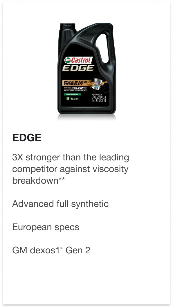EDGE - 3X stronger than the leading competitor against viscosity breakdown**, Advanced full synthetic, European specs, GM dexos1 Gen 2