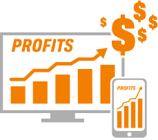 Dollar signs flying out of a profit graph pictured on a PC and tablet.