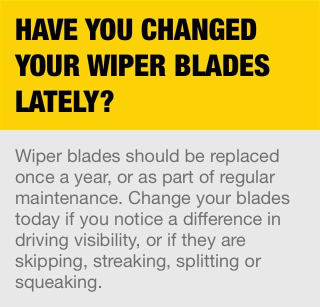 Have you changed your wiper blades lately? Wiper blades should be replaced once a year, or as part of regular maintenance. Change your blades today if you notice a difference in driving visibility, or if they are skipping, streaking, splitting or squeaking.