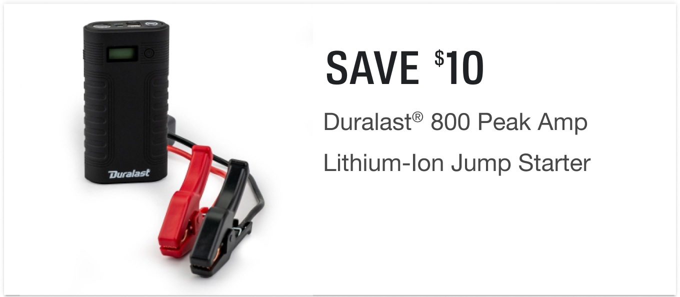 Save $10 on Duralast® 800 Peak Amp Lithium-Ion Jump Starter