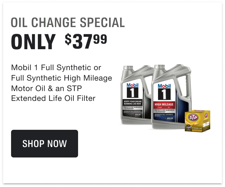 $37.99 Mobil 1 Full Synthetic or Full Synthetic High Mileage Motor Oil & an STP Extended Life Oil Filter  Alt Text: $37.99 for a 5 Qt. Jug or 5 Single Qts. of Mobil 1 Full Synthetic or Full Synthetic High Mileage Motor Oil & an STP Extended Life Oil Filter