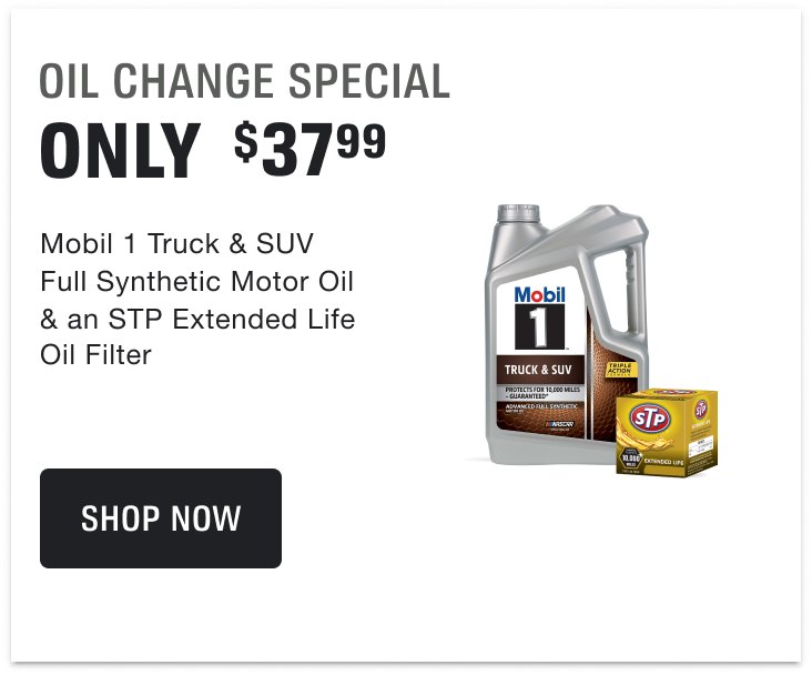 $37.99 Mobil 1 Truck & SUV Full Synthetic Motor Oil & an STP Extended Life Oil Filter  Alt Text: $37.99 for a 5 Qt. Jug or 5 Single Qts. of Mobil 1 Truck & SUV Full Synthetic Motor Oil & an STP Extended Life Oil