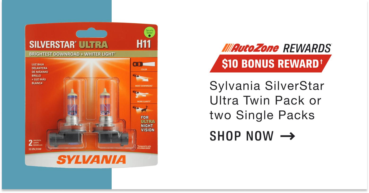 AutoZone Rewards Members Get a $10 Bonus Reward when you buy a Sylvania Silverstar Ultra Twin Pack or Two Single Packs. Limit 1.