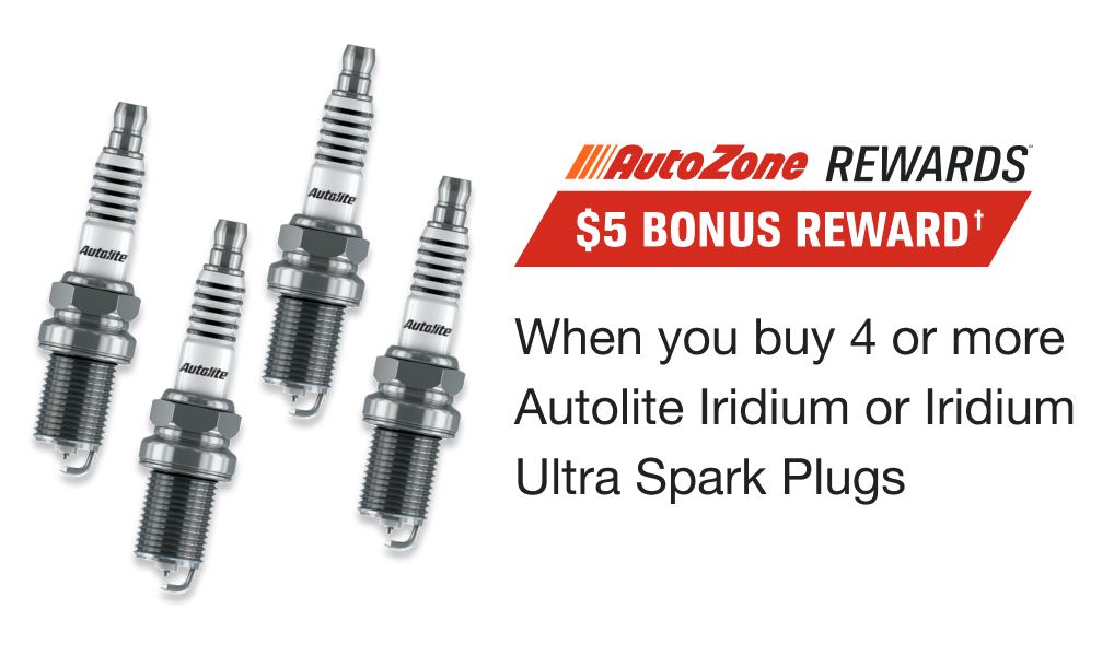 AutoZone Rewards Members Get a $5 Bonus Reward when you buy 4 or more Autolite Iridium or Iridium Ultra Spark Plugs. Limit of 8 per household.