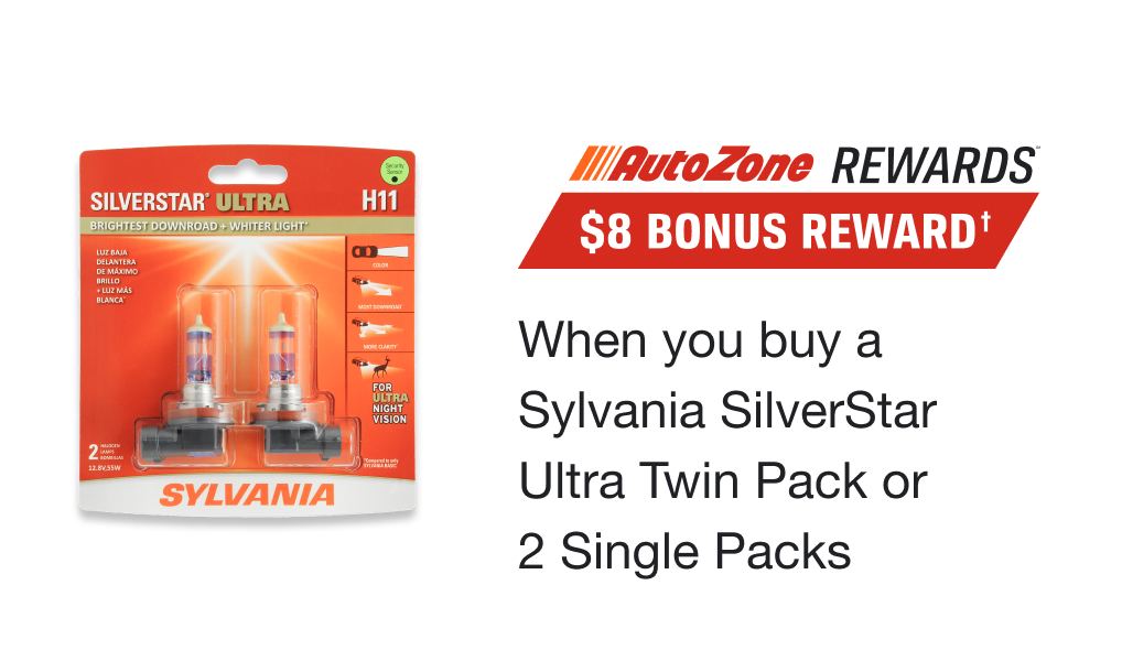 AutoZone Rewards Members Get a $8 Bonus Reward when you buy a Sylvania SilverStar Ultra Twin Pack or 2 Single Packs. Limit 1.