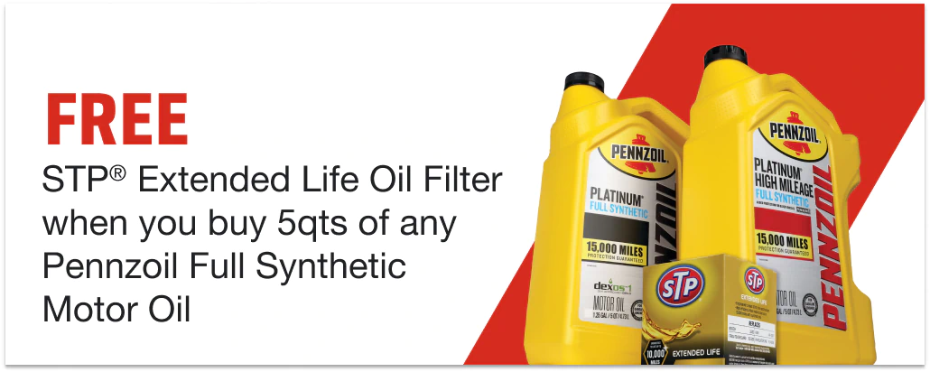 FREE STP Extended Life Oil Filter when you buy 5qts of any Pennzoil Full Synthetic Motor Oil
