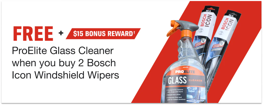 FREE ProElite Glass Cleaner + $15 Bonus Reward† when you buy two Bosch Icon Wipers