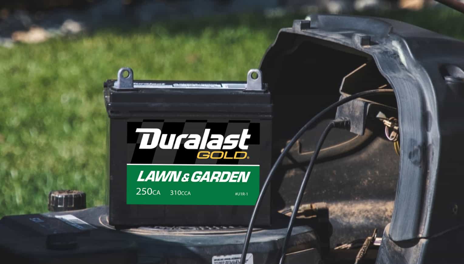 Duralast Gold lawn & garden battery on a lawnmower