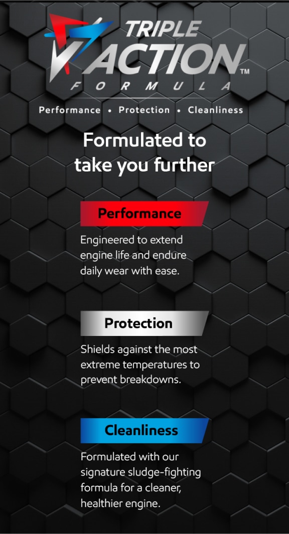 Triple Action Formula - Formulated to take you further. Performance - Engineered to extend life and endure daily wear with ease. Protection - Shields against the most extreme temperatures to prevent breakdowns. Cleanliness - Formulated with our signature sludge-fighting formula for a cleaner, healthier engine.