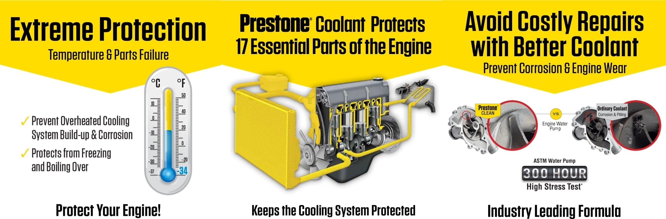 Extreme protection - Temperature & parts failure. Prevent overheated cooling system build-up & corrosion, Protects from freezing and boiling over. | Prestone® coolant protects 17 essential parts of the engine - keeps the cooling system protected. | Avoid costly repairs with better coolant - prevent corrosion & engine wear. Industry leading formula.