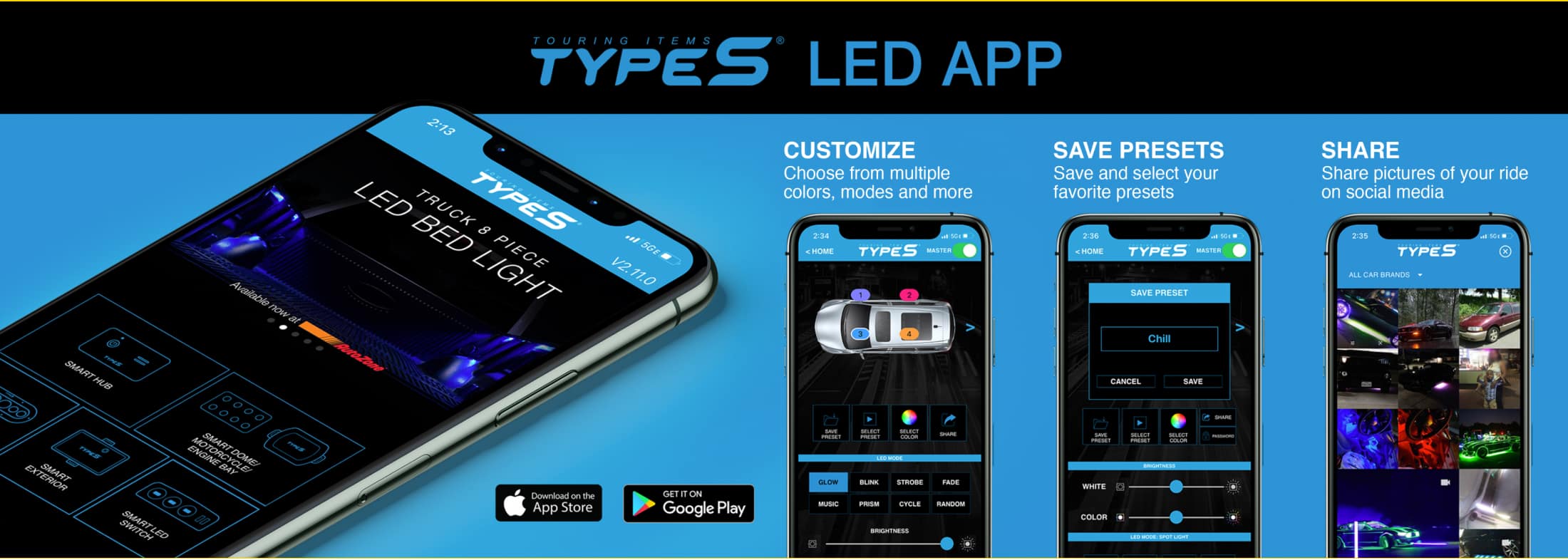TYPE S® LED APP – Customize: Choose from multiple colors, modes and more. Save Presets: Save and select your favorite presets. Share: Share pictures of your ride on social media. Available on iOS and Android