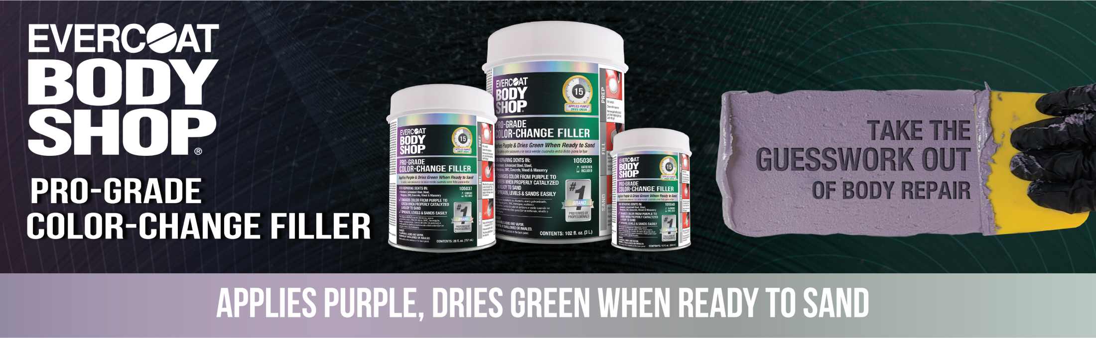 Evercoat Body Shop Pro-Grade Color-Change Filler - Take the guesswork out of body repair. - Applies purple, dries green when ready to sand