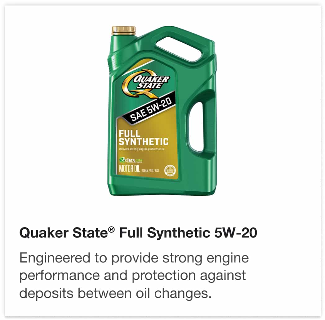 Quaker State® Full Synthetic 5W-20 - Engineered to provide strong engine performance and protection against deposits between oil changes.