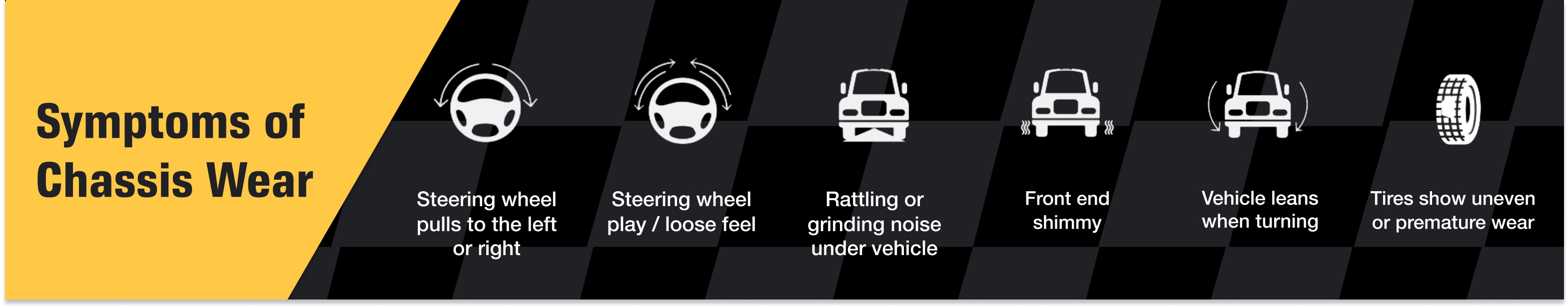 Symptoms of Chassis Wear. Steering wheel pulls to the left or right. Steering wheel play / loose feel. Rattling or grinding noise under vehicle. Front end shimmy. Vehicle leans when turning. Tires show uneven or premature wear