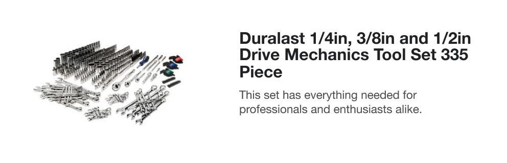 Duralast 1/4in, 3/8in and 1/2in Drive Mechanics Tool Set 335 Piece