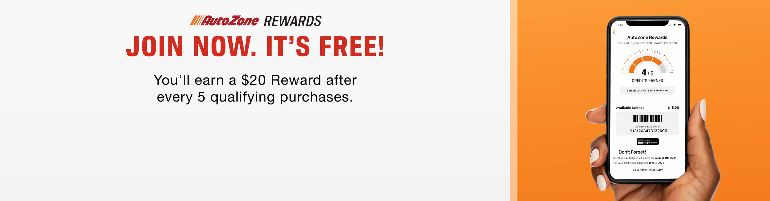 AutoZone Rewards - Join now, it's free. You'll earn a $20 reward after every five qualifying purchases