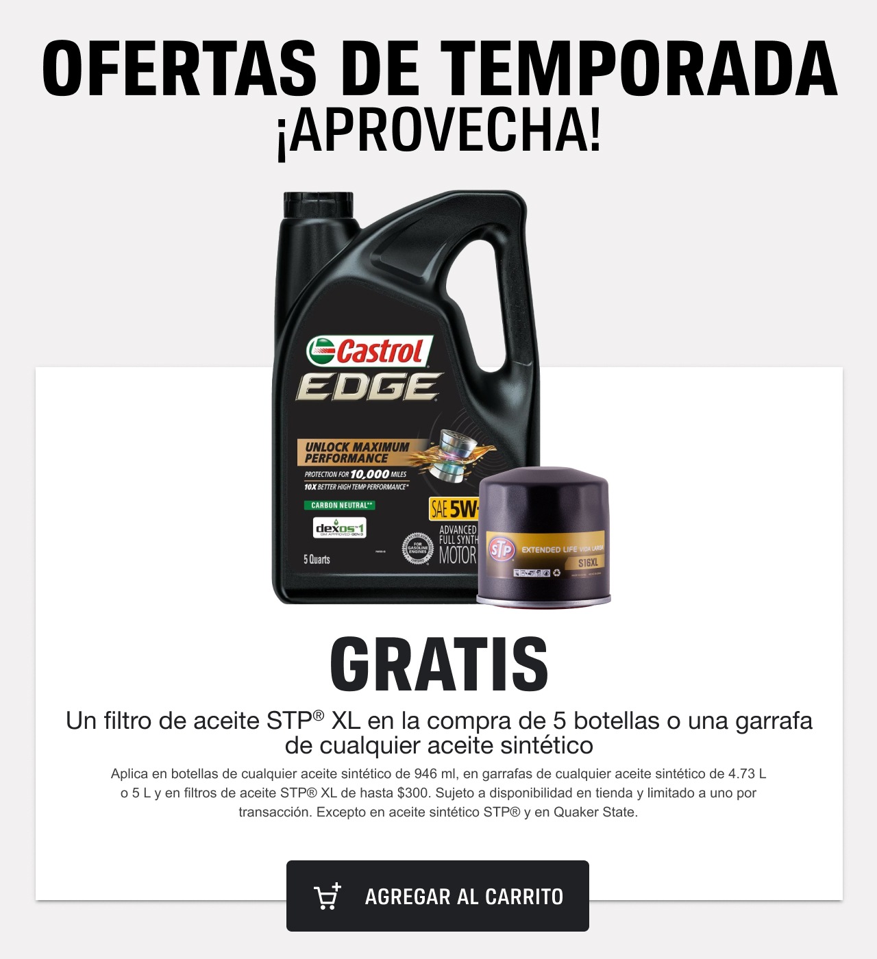 GRATIS Un filtro de aceite STP® XL en la compra de 5 botellas o una garrafa de cualquier aceite sintético