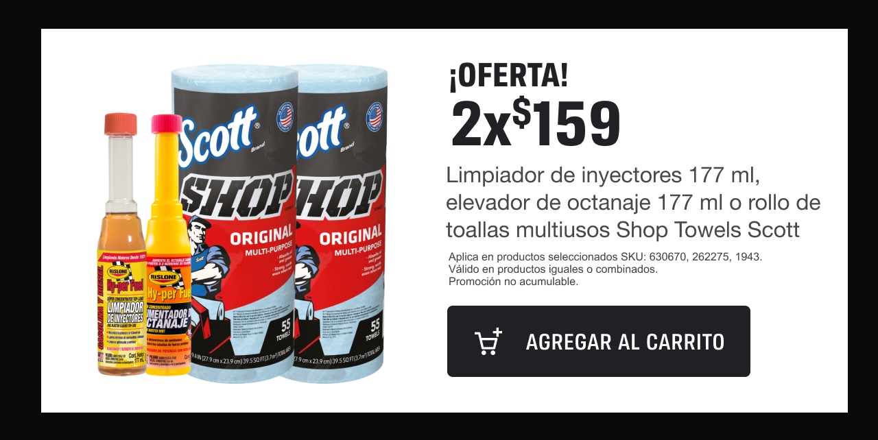  ¡OFERTA! 2x$159 Limpiador de inyectores 177 ml, elevador de octanaje 177 ml o rollo de toallas multiusos Shop Towels Scott