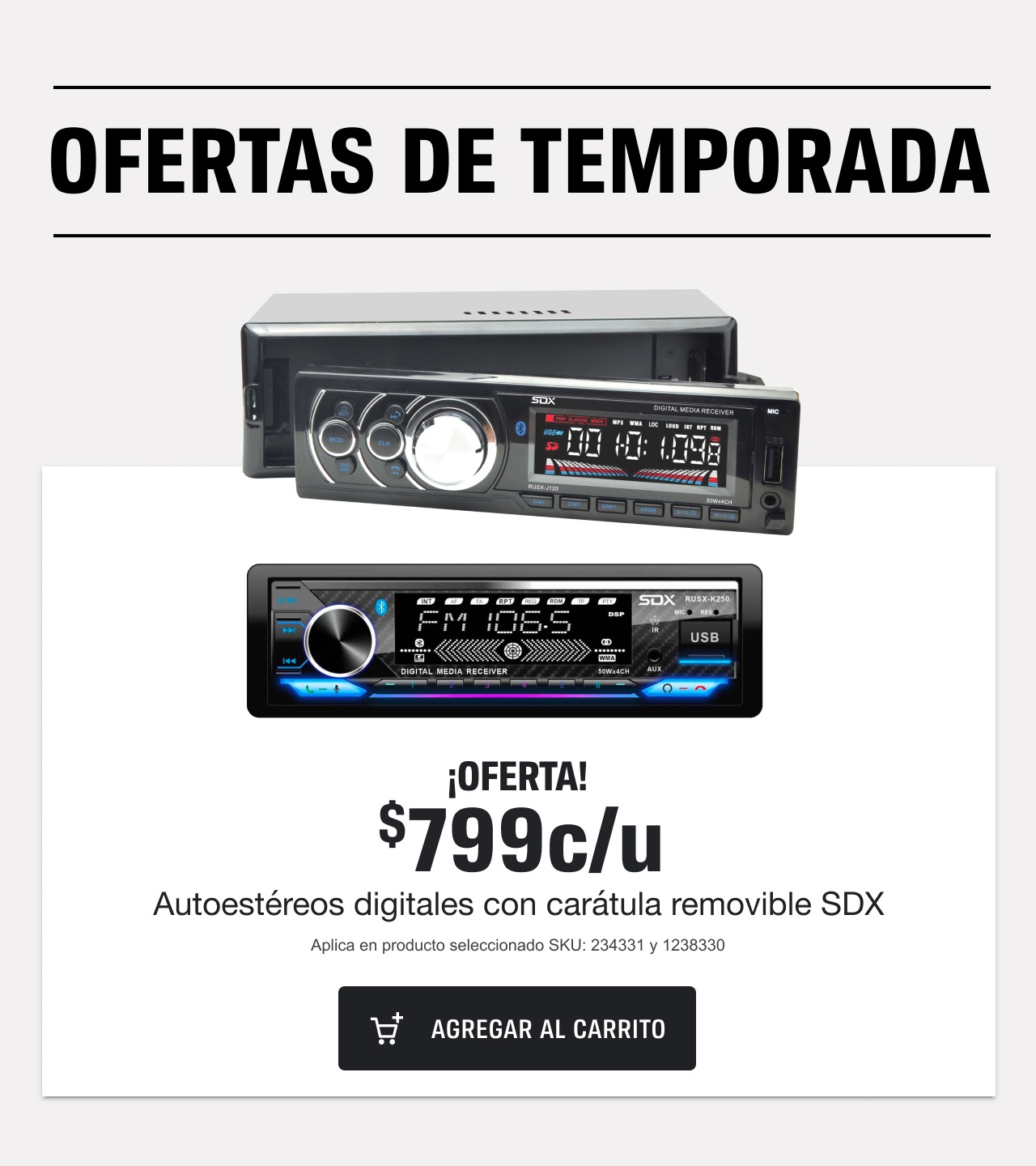 ¡OFERTA! $799c/u Autoestéreos digitales con carátula removible SDX