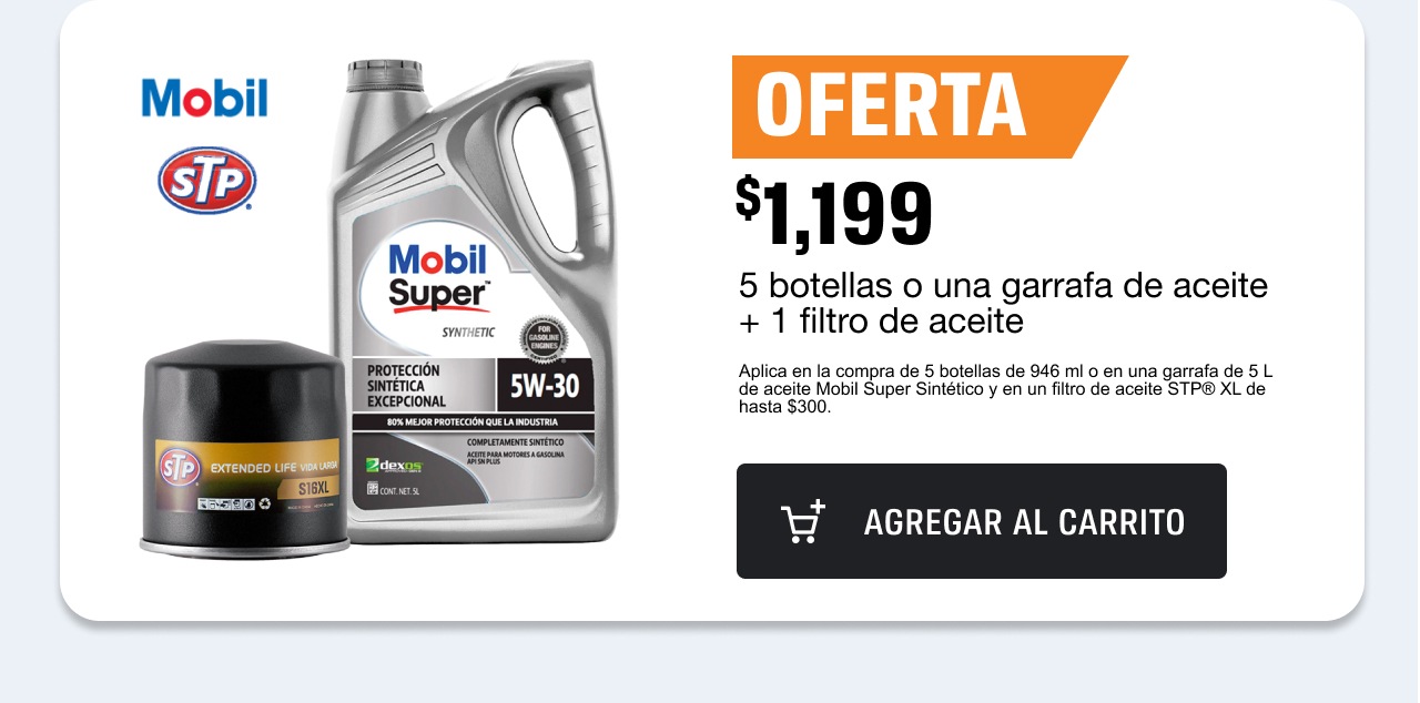 ¡Oferta! 5 botellas o una garrafa de aceite + 1 filtro de aceite a solo $1,199