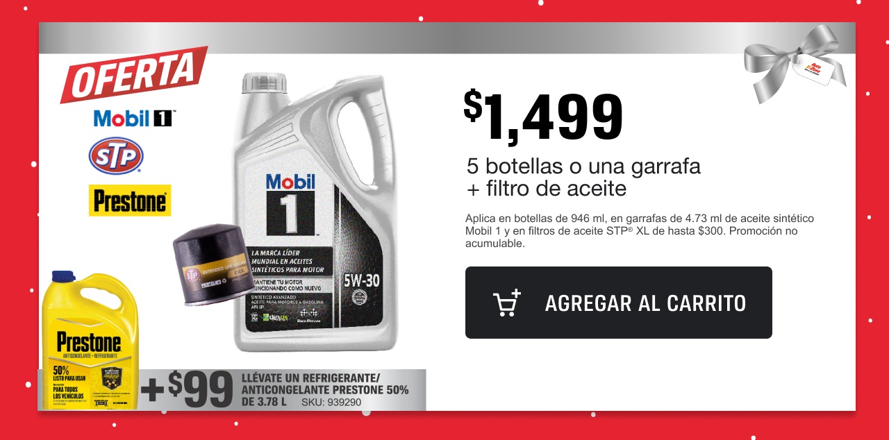 Compra 5 botellas o una garrafa Mobil 1 y un filtro para aceite STP XL de hasta $300 a solo $1,499  