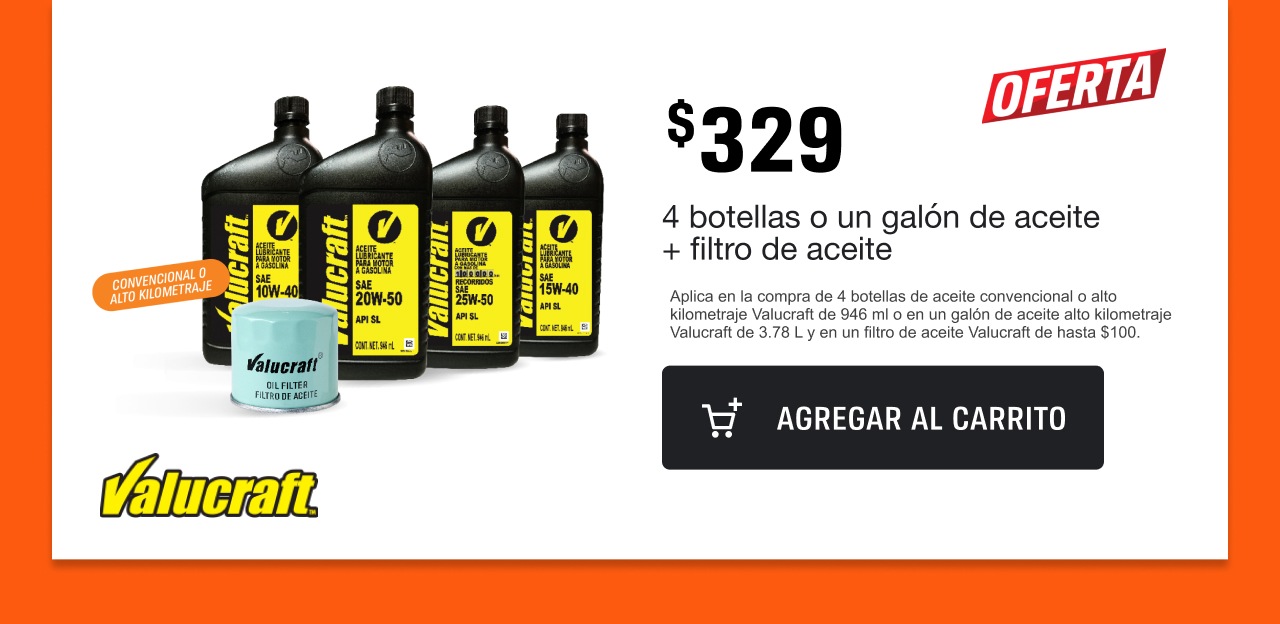 4 botellas o un galón de aceite + filtro de aceite por solo $329