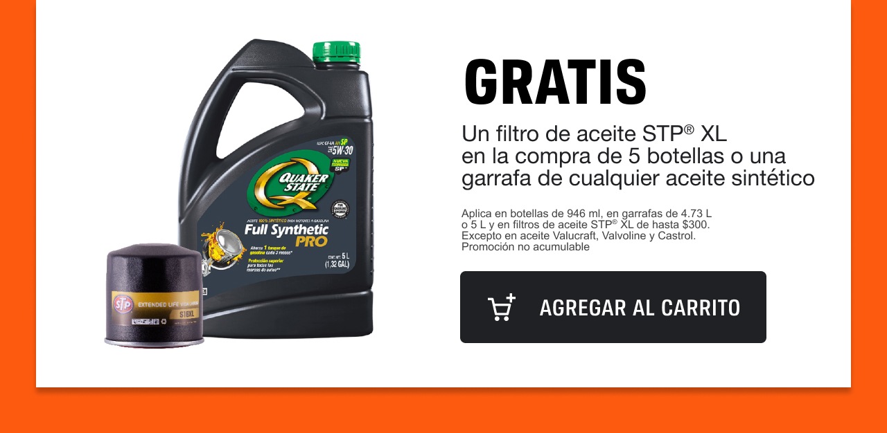 Compra 5 botellas o una garrafa de cualquier aceite sintetico y llevate gratis filtro de aceite STP XL de hasta $300