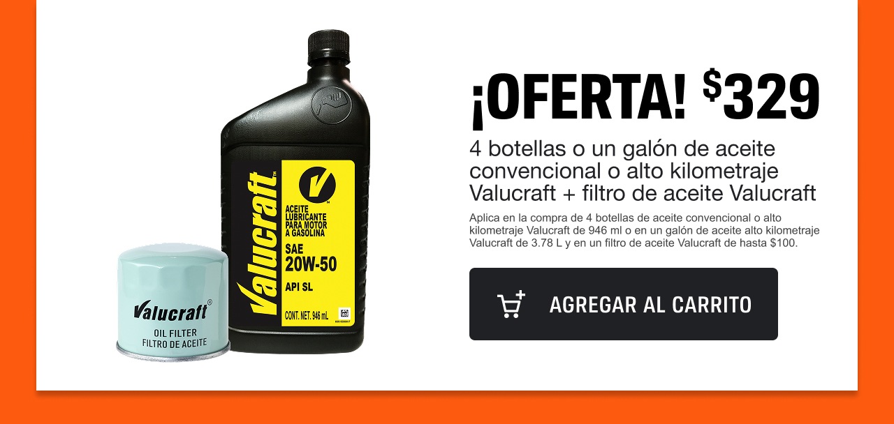 ¡Oferta! $329 4 botellas o un galón de aceite convencional  o alto kilometraje Valucraft + filtro de aceite Valucraft