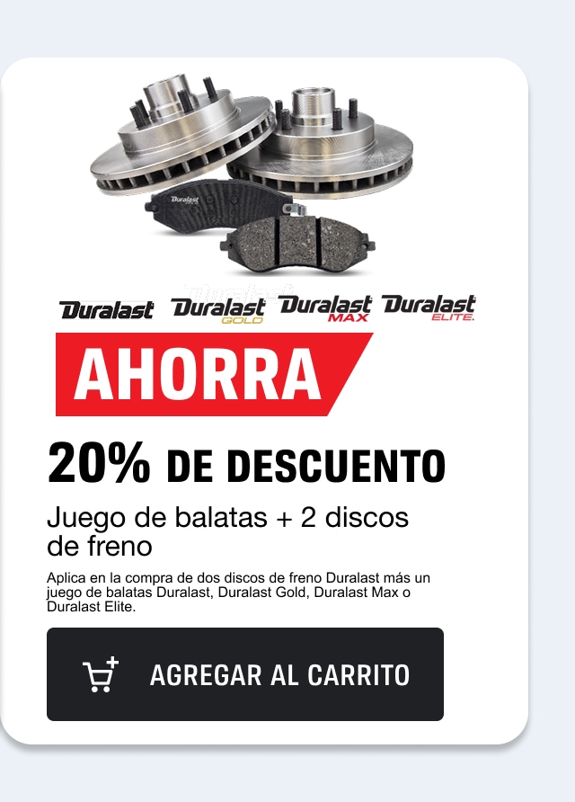 AHORRA 20% DE DESCUENTO EN JUEGO DE BALATAS + 2 DISCOS DE FRENOS