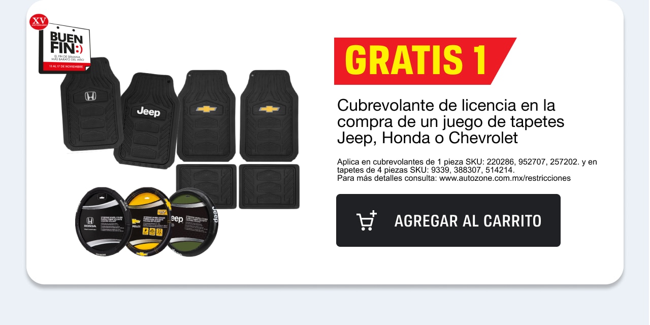 GRATIS 1 Cubrevolantes de licencia en la compra de un juego de tapetes Jeep Honda o Chevrolet