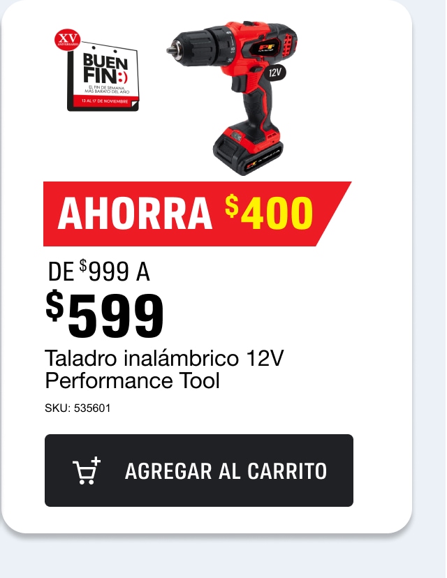 A SOLO $599 Taladro inalámbrico 12V Performance Tool