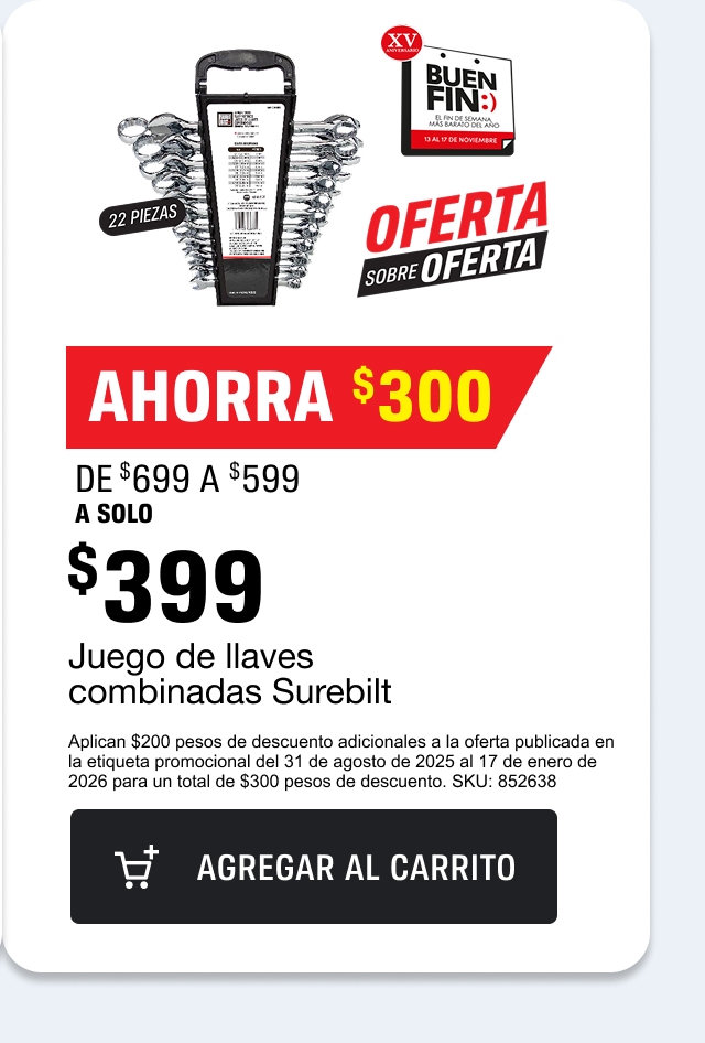 A SOLO $399 Juego de llaves combinadas Surebilt