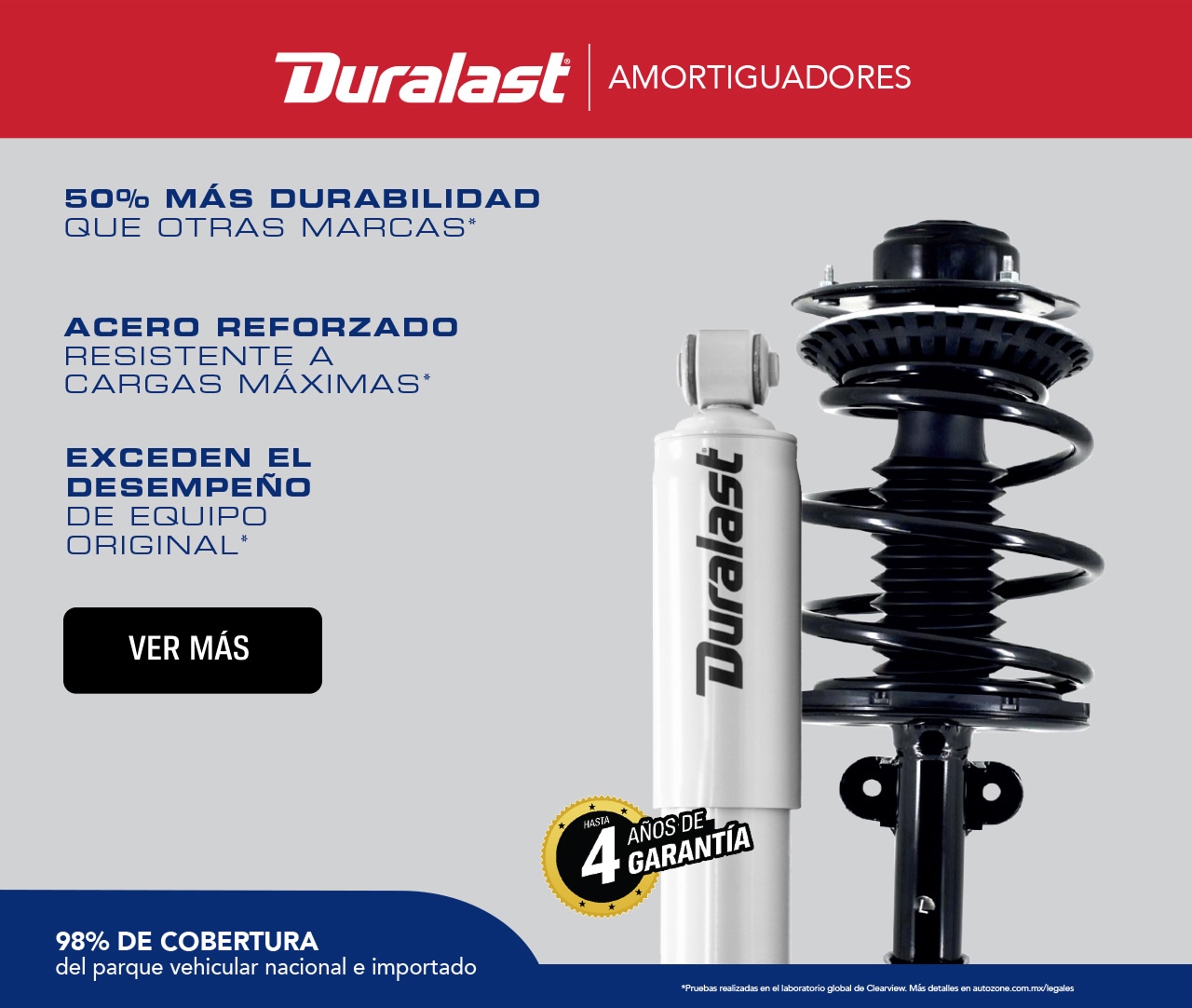 Los Amortiguadores Duralast tienen 50% más durabilidad que otras marcas, acero reforzado resistente a cargas máximas y exceden el desempeño de equipo original.