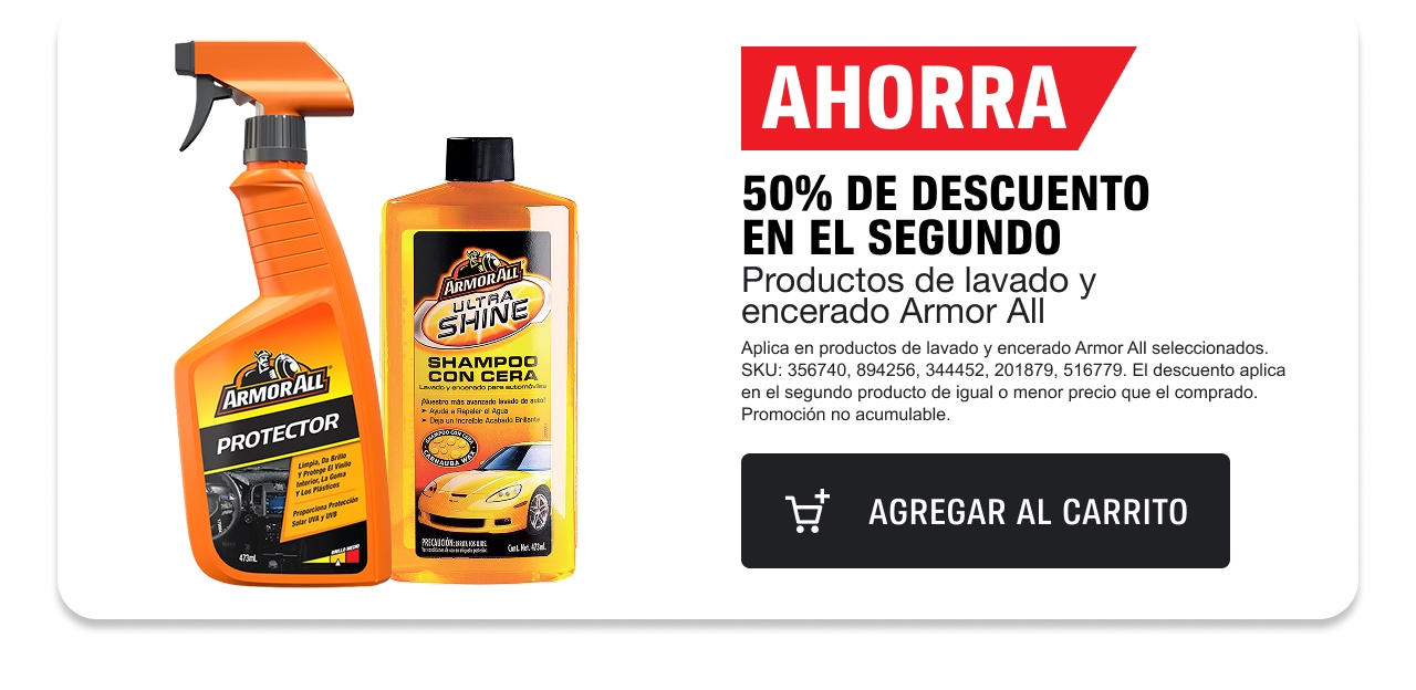 Ahorra con un 50% de descuento en el segundo en productos de lavado y encerado Armor All.