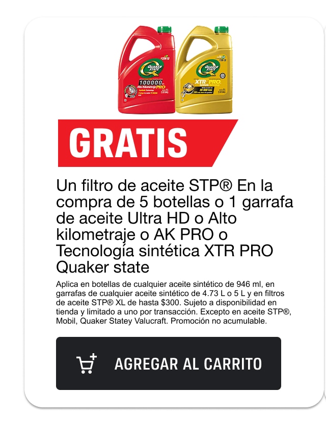 Gratis. Un filtro de Aceite STP en la compra de 5 botellas o 1 garrafa de Aceite Ultra HD o Alto kilometraje o AK PRO o Tecnología sintética XTR PRO Quaker State.