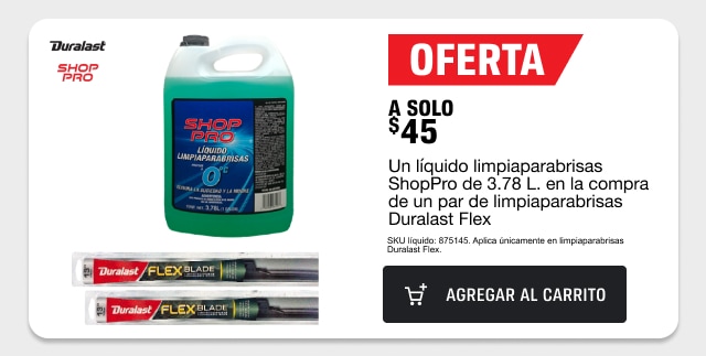 A solo $45 un líquido limpiaparabrisas ShopPro de 3.78L en la compra de un par de limpiaparabrisas Duralast Flex