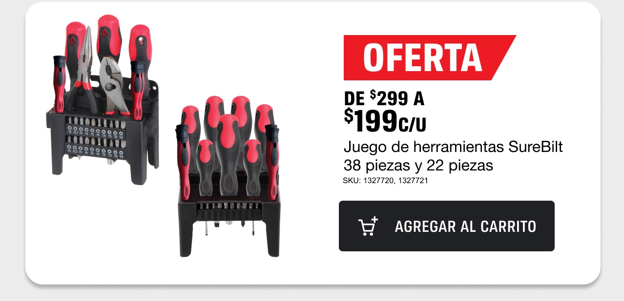 Juego de herramientas Surebilt 38 piezas y 22 piezas a solo $199 c/u