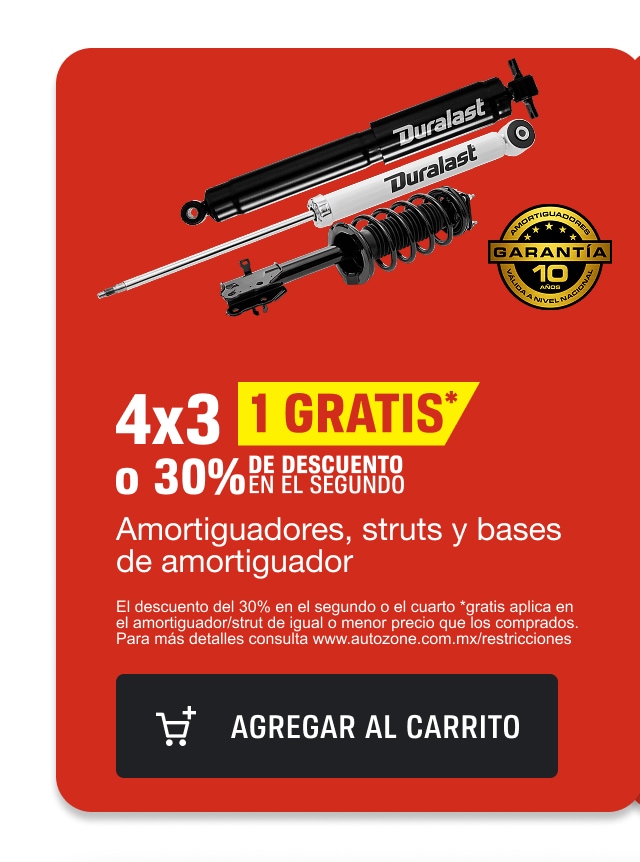 4x3 1 Gratis o 30% de descuento en el segundo en amortiguadores o bases de amortiguador.