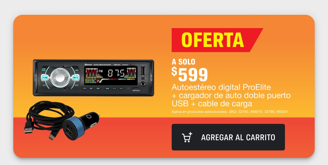 A solo $599 autoestéreo digital proelite + cargador de auto doble puerto usb + cable de carga