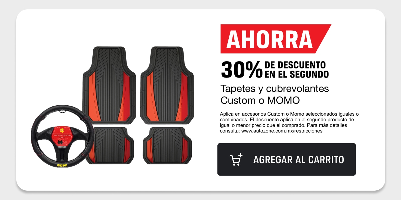 Ahorra 30% de descuento en el segundo. Tapetes y cubrevolantes Custom o MOMO