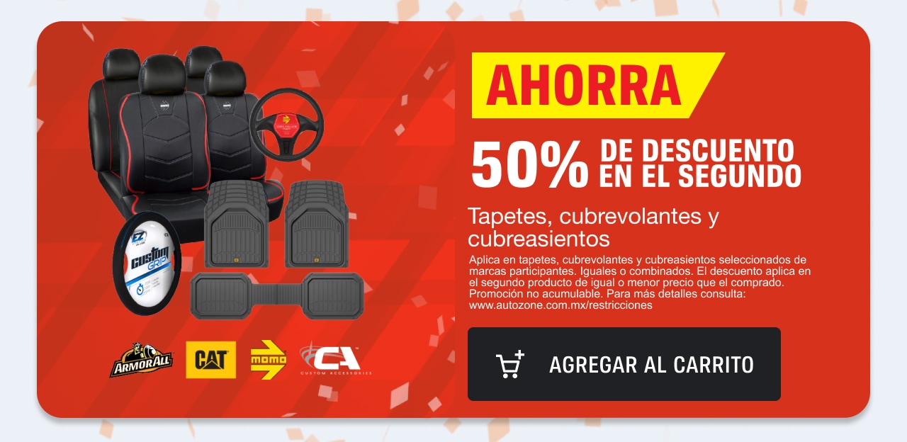 Ahorra 50% de descuento en el segundo en tapetes, cubrevolantes y cubreasientos
