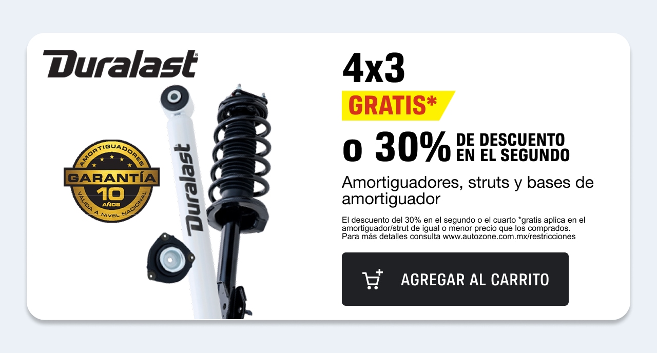 4x3 Gratis o 30% de descuento en el segundo en amortiguadores, struts y bases de amortiguador Duralast