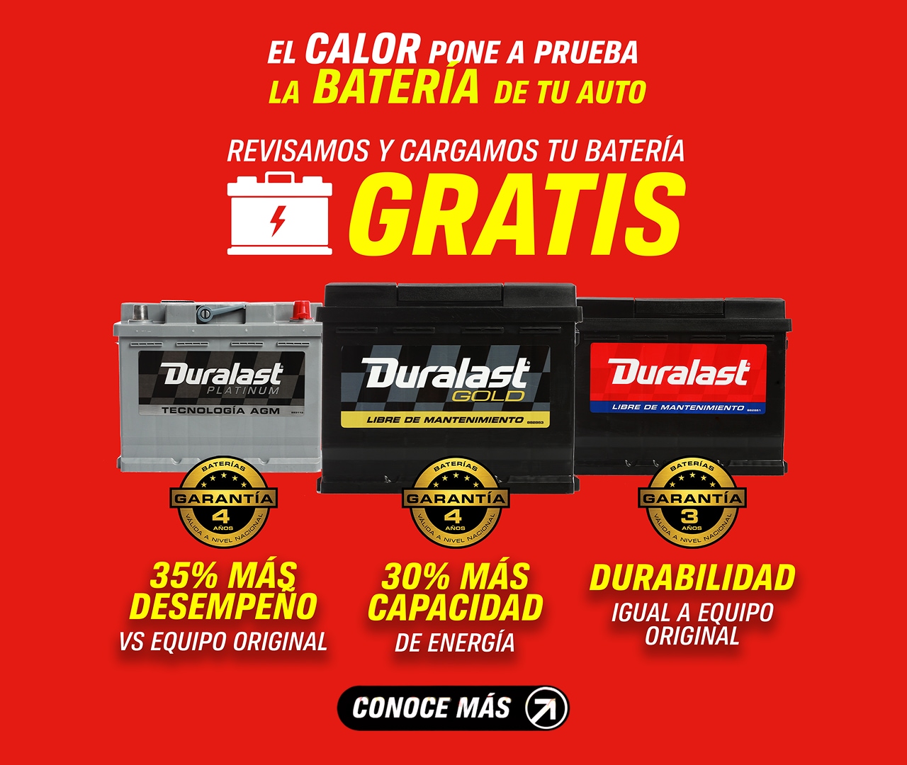 El calor pone a prueba la batería de tu auto. Revisamos y cargamos tu batería gratis. Conoce más.
