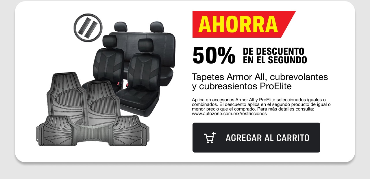 Ahorra 50% de descuento en el segundo tapetes armor all, cubrevolantes y cubreasientos ProElite