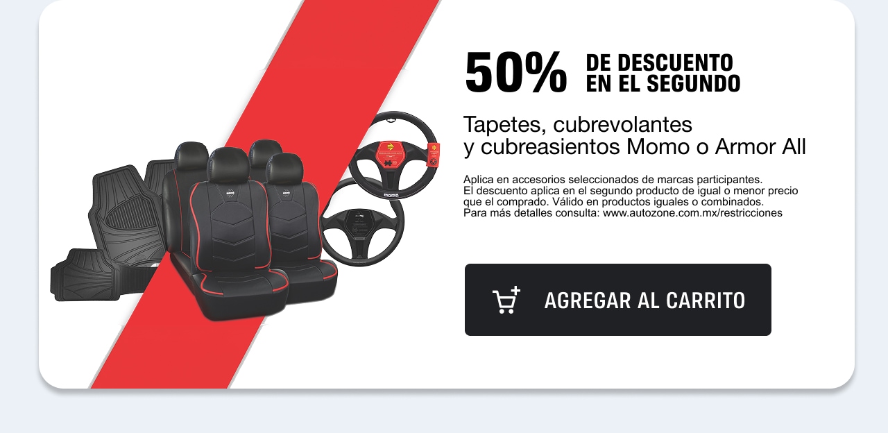 50% de descuento en el segundo en tapetes, cubrevolantes y cubreasientos Momo o Armor All