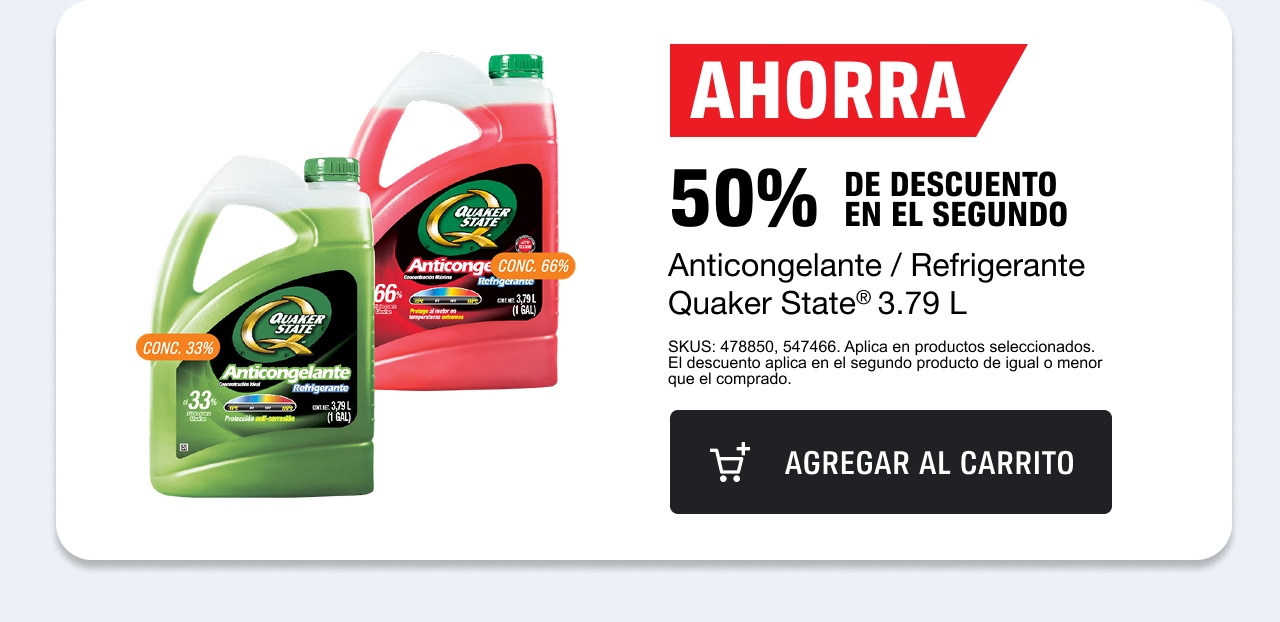 Ahorra 50% de descuento en el segundo en anticongelante/refrigerante Quaker State 3.79L