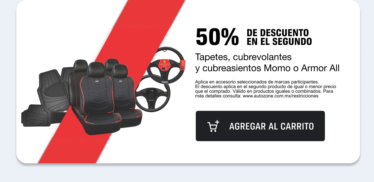 50% de descuento en el segundo en tapetes, cubrevolantes y cubreasientos MOMO o Armor All