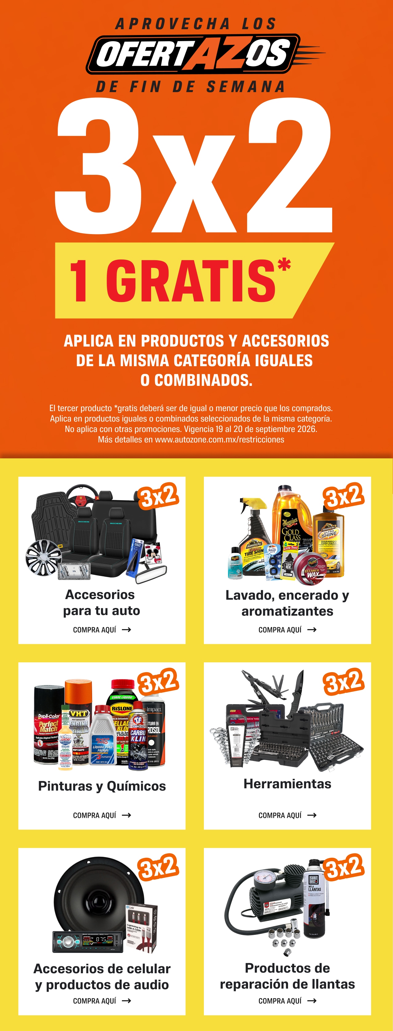 Aprovecha los ofertazos de fin de semana. 3x2 1 Gratis. Aplica en productos y accesorios de la misma categoría, iguales o combinados.